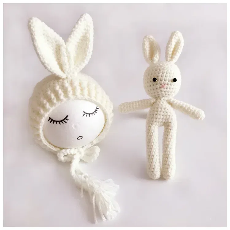 Color: Red - Newborn Photography Props Posing Doll Handmade Woolen Bunny Doll Cap Bear Cartoon Toy Baby Photoshoot Prop Accessorie Fotografia
