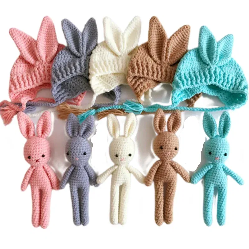Color: Red - Newborn Photography Props Posing Doll Handmade Woolen Bunny Doll Cap Bear Cartoon Toy Baby Photoshoot Prop Accessorie Fotografia
