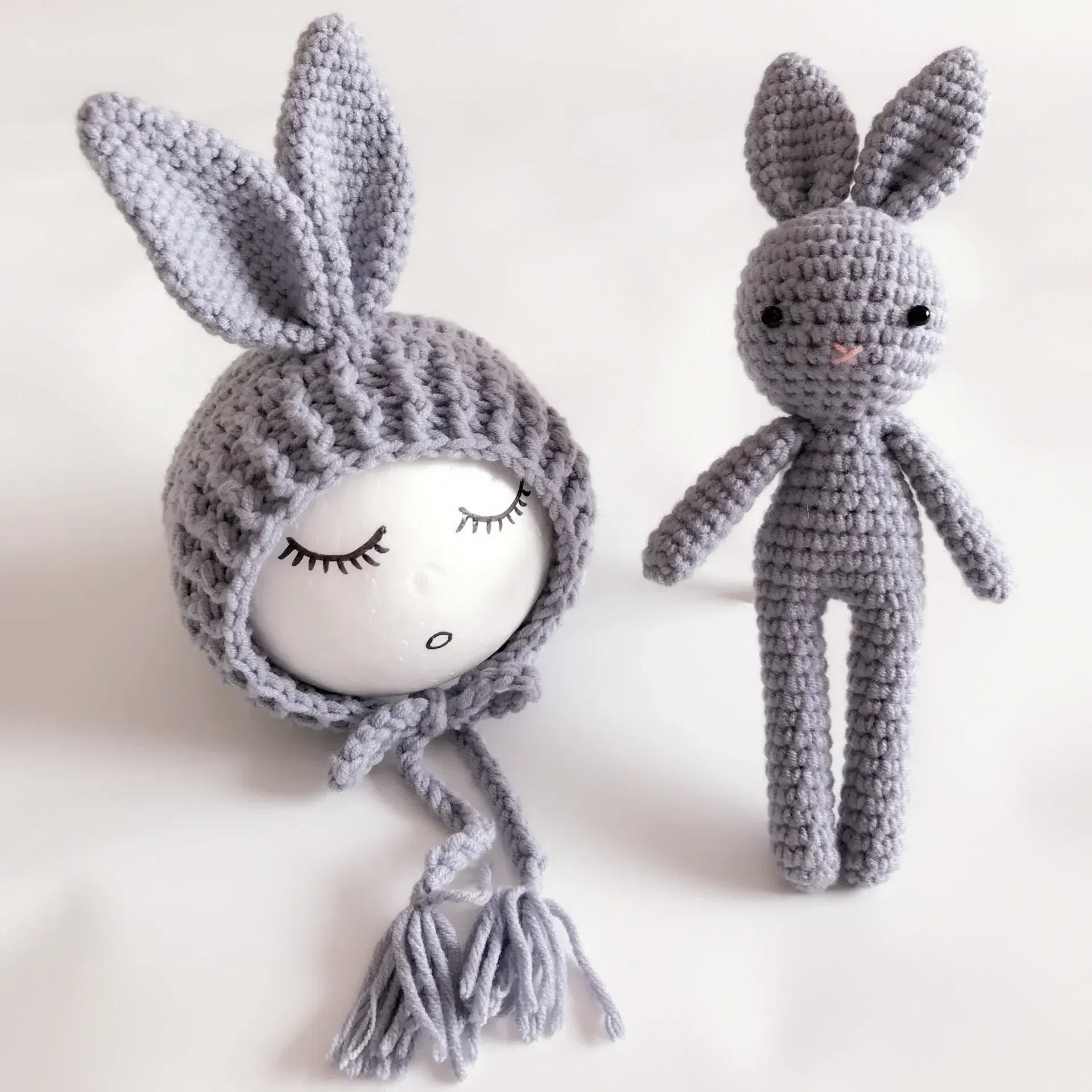 Color: Red - Newborn Photography Props Posing Doll Handmade Woolen Bunny Doll Cap Bear Cartoon Toy Baby Photoshoot Prop Accessorie Fotografia