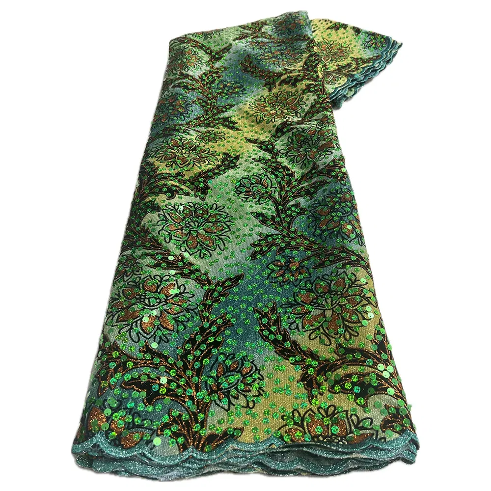 Color: Light Green, Length: 5 yards, Width: 120cm - 2025 African Nigerian Tulle Lace Fabric Sequins Sewing Guipure Beads Stone Embroidery Dresses High Quality 4 Yards
