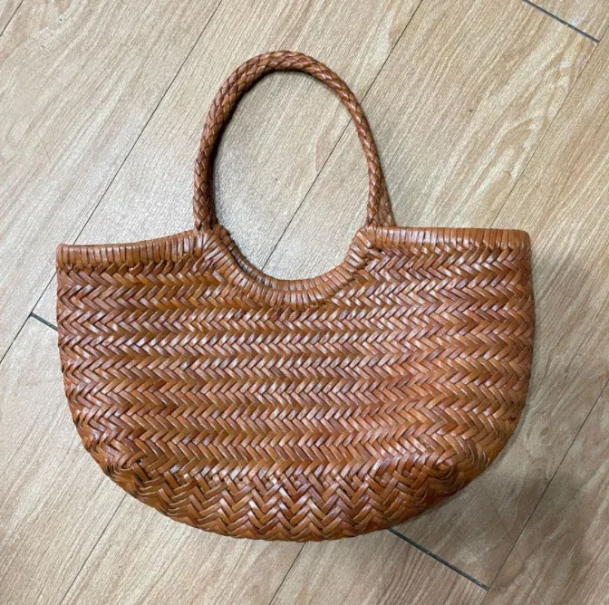 Hand Knitted Designer Genuine Leather Elegant ?‹Handle Female Totes Vintage Women's Handbag Cowskin Lady Large Shoulder Bag