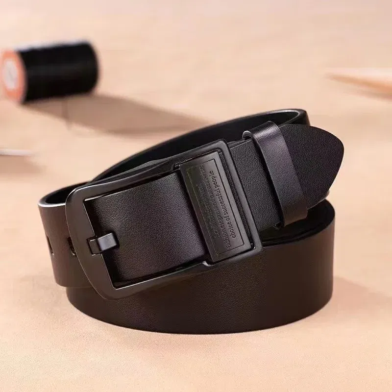 Color: WHITE, Belt Length: 110cm - New Leather Cowhide Men's Belt Fashion Metal Alloy Pin Buckle Adult Luxury Brand Jeans Business Casual Waist Male Strap Brand