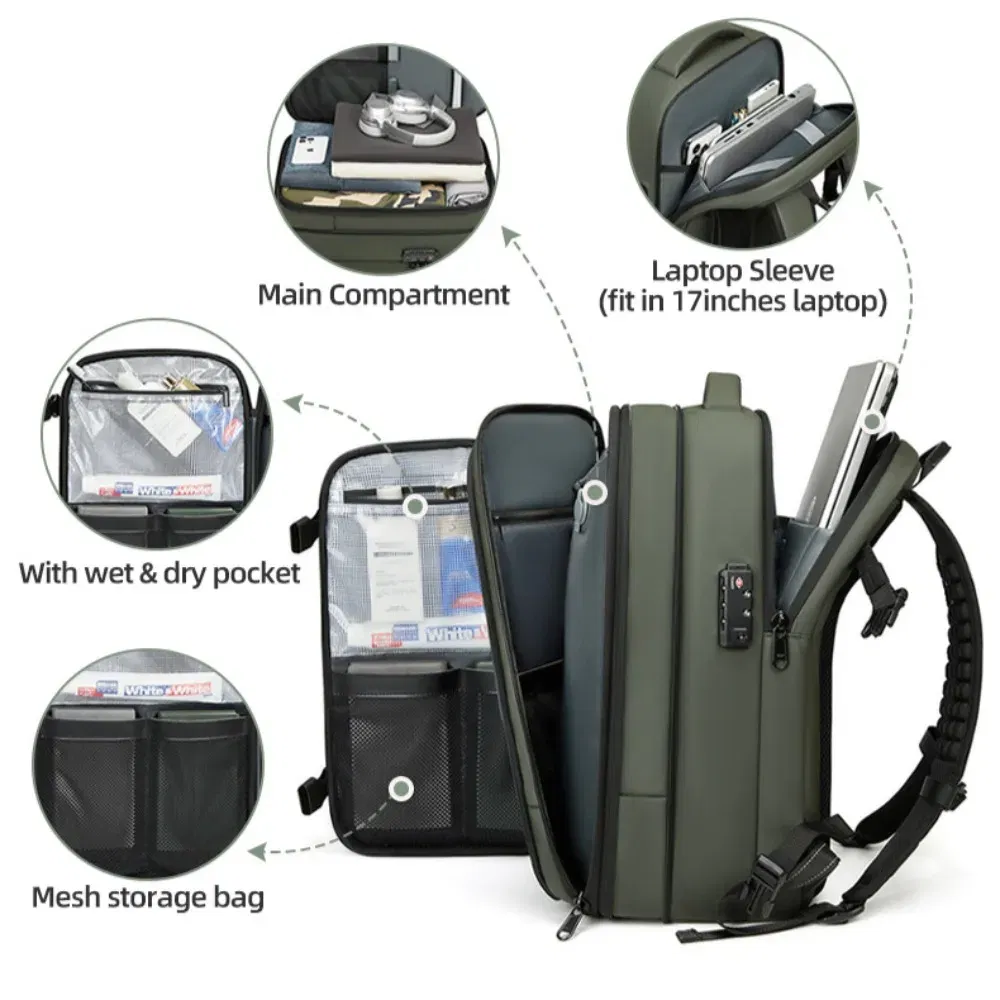 Color: Blue - Vacpack Vacuum Compression Backpack Airback with Pump Men Waterproof Expandable Carry On Travel Backpack 17 inch Laptop Backpack