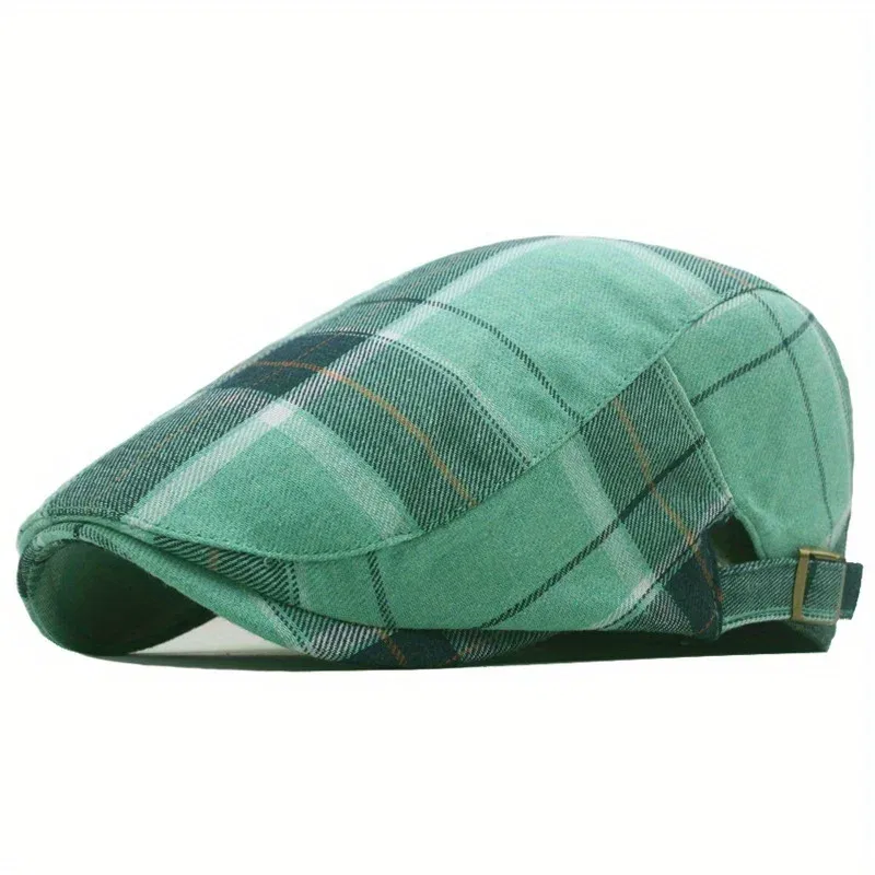 Color: Pink - Men's Plaid Pattern Flat Cap Newsboy Hat Women Beret Cabbie Gatsby Cap