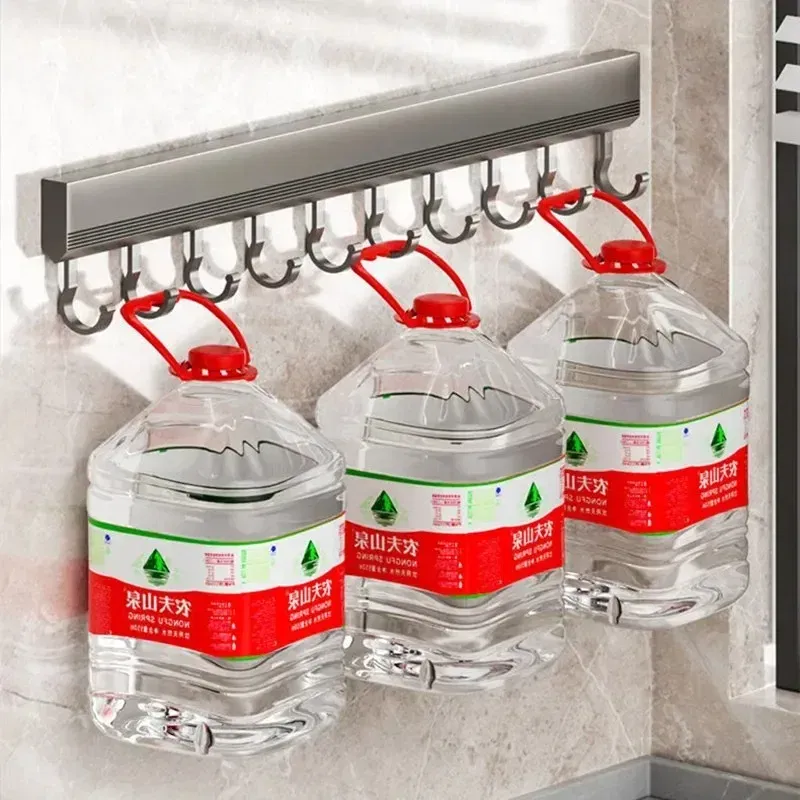 Color: Light Grey - Wall Mounted Hooks Rack Punch Free Kitchen Utensils Storage Row Hook Holder Bathroom Towel Robe Coat Hangers Multi-Purpose Hooks