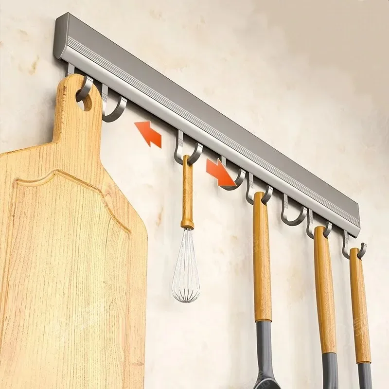 Color: Light Grey - Wall Mounted Hooks Rack Punch Free Kitchen Utensils Storage Row Hook Holder Bathroom Towel Robe Coat Hangers Multi-Purpose Hooks