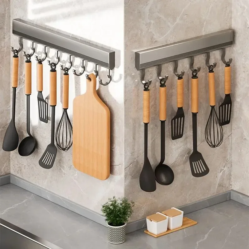 Color: Light Grey - Wall Mounted Hooks Rack Punch Free Kitchen Utensils Storage Row Hook Holder Bathroom Towel Robe Coat Hangers Multi-Purpose Hooks