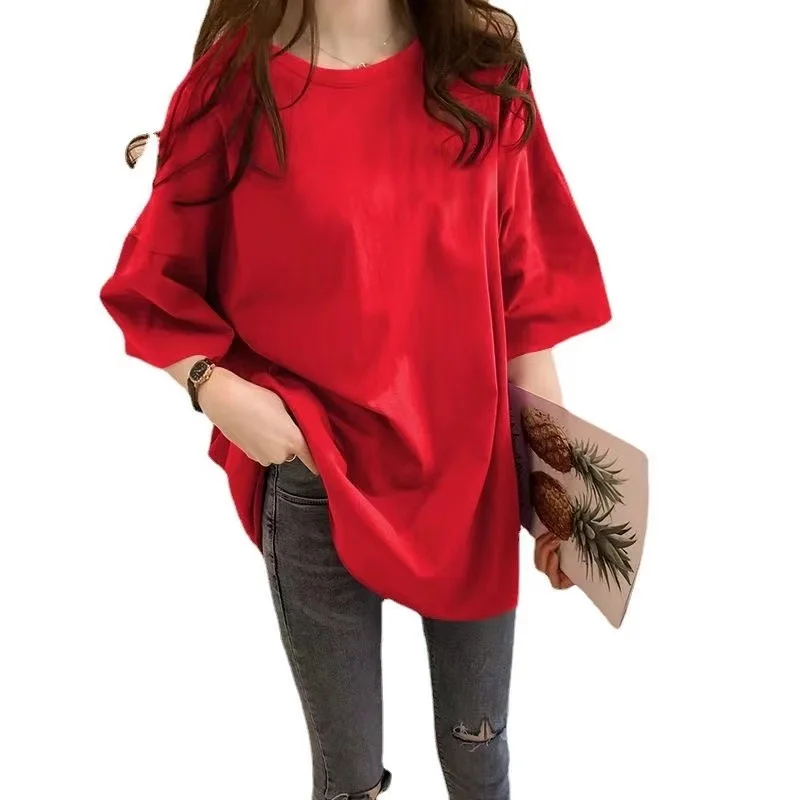 Color: Red, Size: L - Women's T solid color mid sleeved casual trend personality