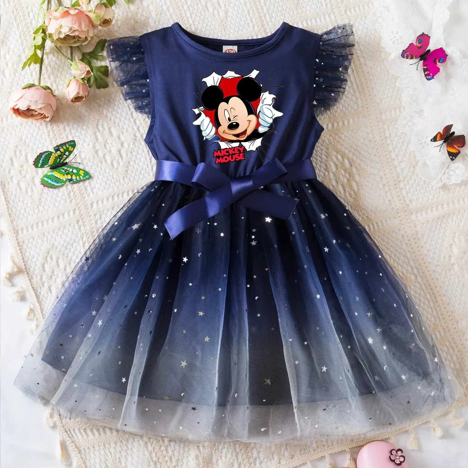 Color: WHITE, Size: XL - Mickey Minnie Mouse Girls Summer Clothes Flying Sleeves Bow Sequin Dress 2-6Y Kid Birthday Tutu Princess Dress for Baby Girl
