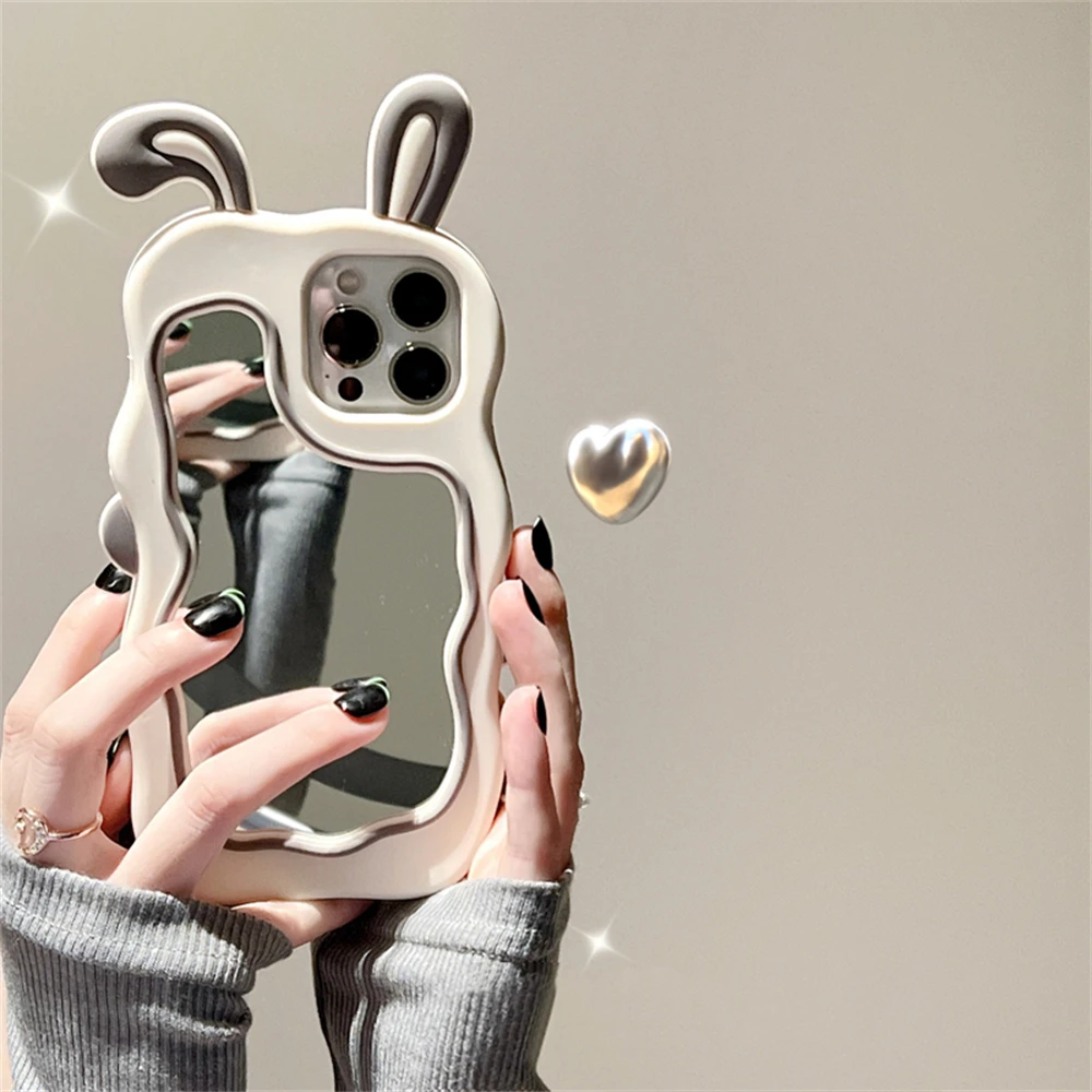 Color: Beige, Material: POLYESTER - Cute Bunny Ears Mirror Phone Case For iPhone 15 14 Plus 13 12 11 Pro Max Shockproof Silicone Case