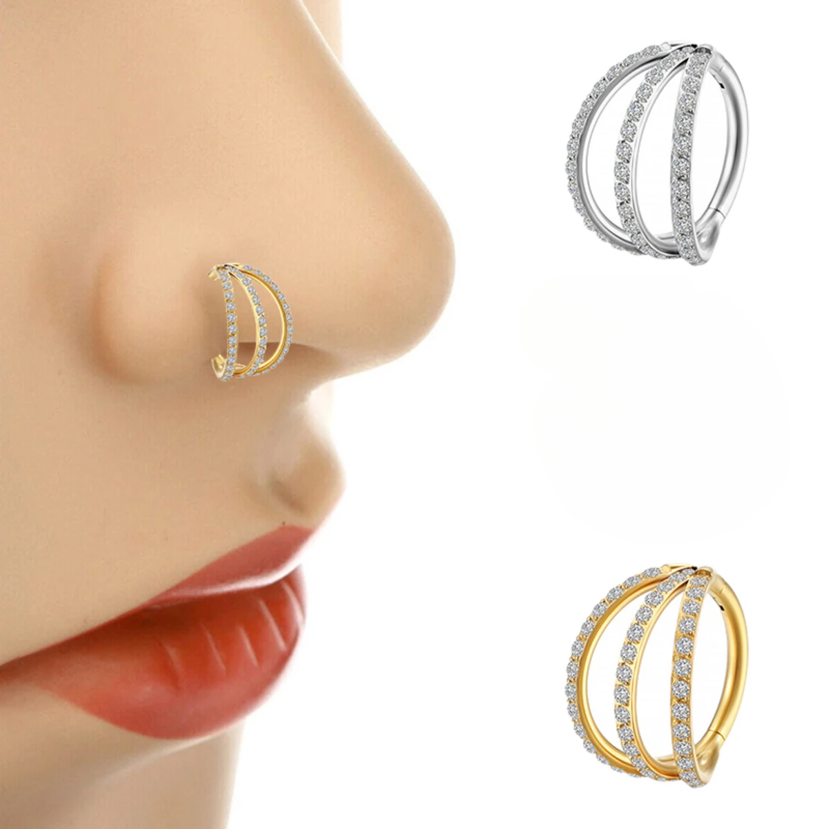 Metal color: Light Yellow Color, Main Stone Color: black - G23 Titanium Piercing Hinged Segment Hoops CZ Stone Nose Rings Ear Cartilage Tragus Helix Earrings Piercing Body Jewelry