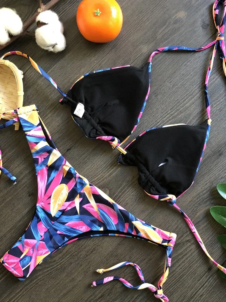 Color: black, Size: L - RUOTONGSEPT Sexy Micro Bikinis Set 2022 New Swimsuit Women Feather Print Bandage Swimwear Female Bathing Suit Brazilian Biquinis