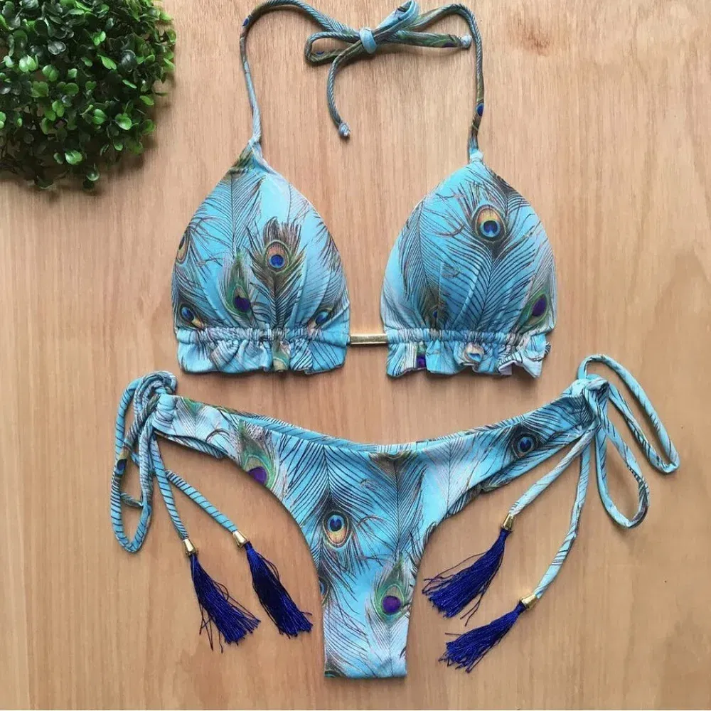 Color: black, Size: L - RUOTONGSEPT Sexy Micro Bikinis Set 2022 New Swimsuit Women Feather Print Bandage Swimwear Female Bathing Suit Brazilian Biquinis