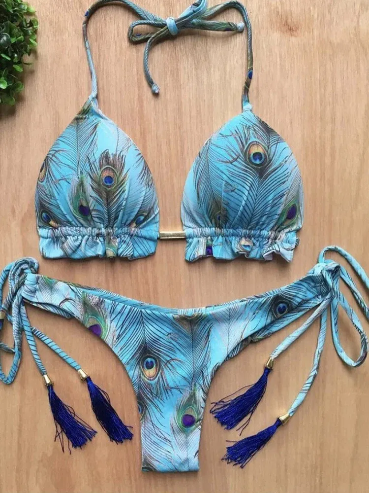 Color: black, Size: L - RUOTONGSEPT Sexy Micro Bikinis Set 2022 New Swimsuit Women Feather Print Bandage Swimwear Female Bathing Suit Brazilian Biquinis