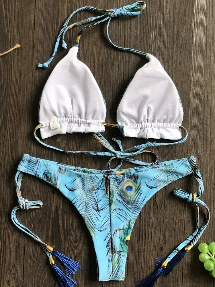 Color: black, Size: L - RUOTONGSEPT Sexy Micro Bikinis Set 2022 New Swimsuit Women Feather Print Bandage Swimwear Female Bathing Suit Brazilian Biquinis
