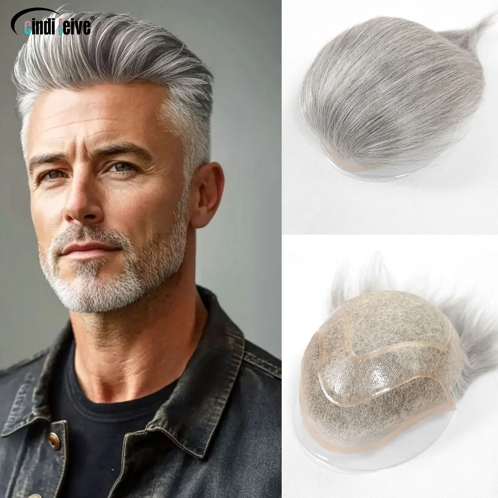 Grey Breathable Lace Front Male Wig Human Hair Piece Natural Hairline Lace&Mono&PU Men Toupee Men's Replacement Prosthesis