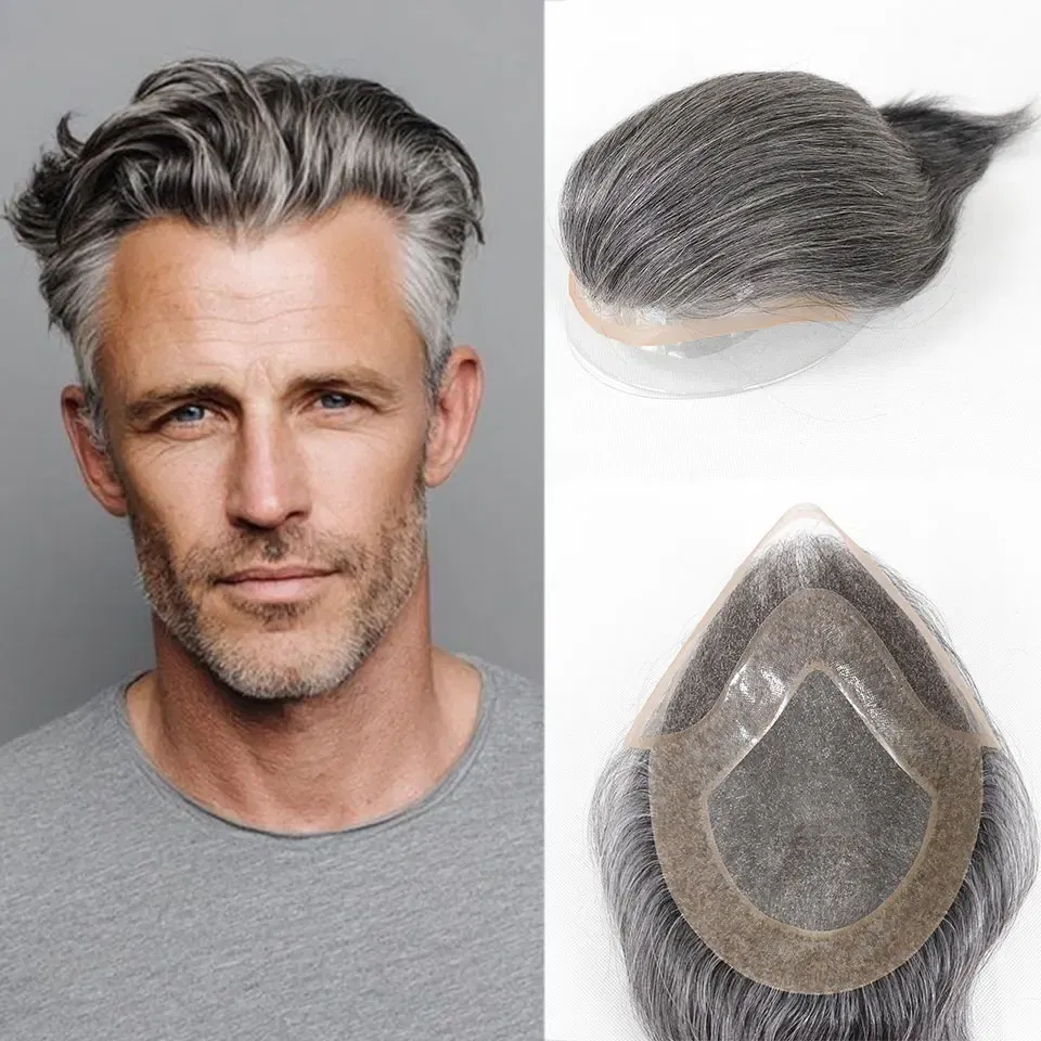 Grey Breathable Lace Front Male Wig Human Hair Piece Natural Hairline Lace&Mono&PU Men Toupee Men's Replacement Prosthesis