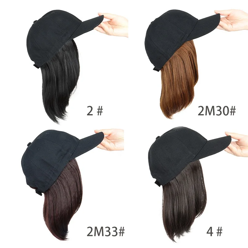 Color: Red - Synthetic Short Straight Bobo Hat Wigs Baseball Cap Adjustable Black Brown Hairpiece for Women