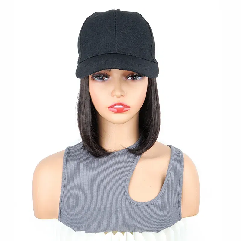 Color: Red - Synthetic Short Straight Bobo Hat Wigs Baseball Cap Adjustable Black Brown Hairpiece for Women