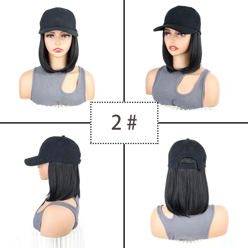 Color: Red - Synthetic Short Straight Bobo Hat Wigs Baseball Cap Adjustable Black Brown Hairpiece for Women