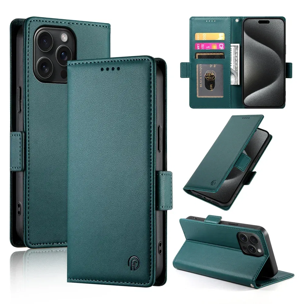 Color: Beige, Material: Pc + tpu - PU Leather Flip Phone Case For iPhone 16 15 Pro Max 16E 14 13 1211 XS Max XR X 8 7 Plus SE KickStand Cards Solt Wallet Cover