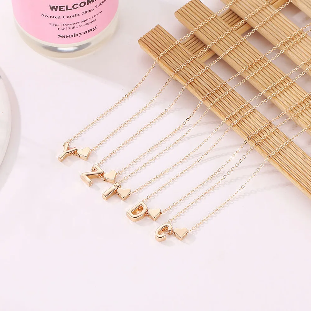 Metal Color: RED-BROWN, Main Stone Color: PEACOCK BLUE - Fashion Tiny Heart Dainty Initial Necklace Gold Color Letter Name Choker Necklace For Women Pendant Jewelry Gift