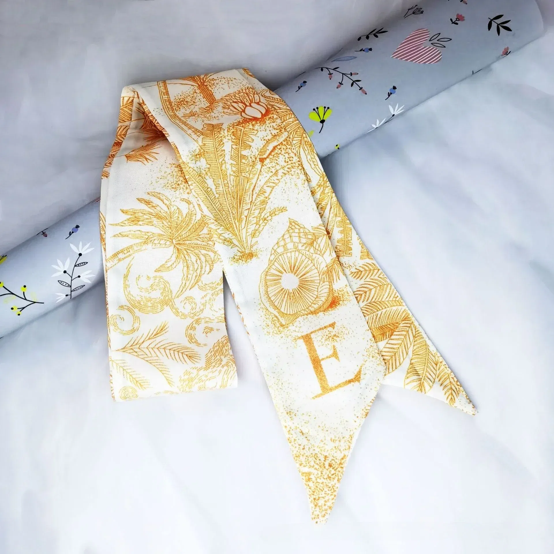 Color: Gold, Size: XXS - Fashion Skinny Scarf Women Luxury letter Printing Tie Bag Handle Ribbon Hair Band Women's Headscarf New Lady Design Silk Scarves