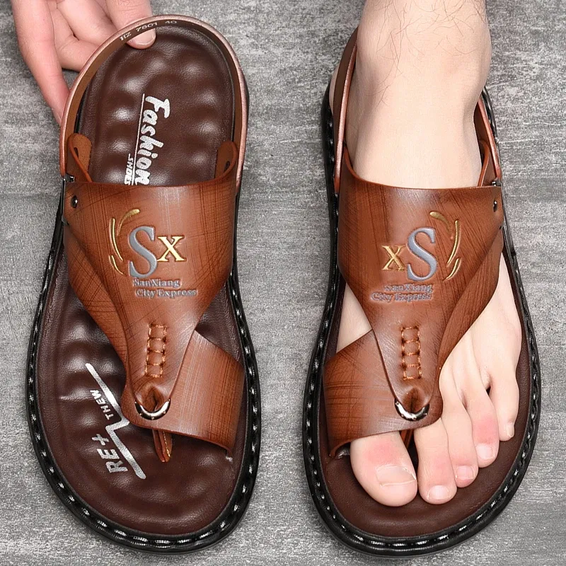 Color: Chocolate, Shoe Size: 44 - Summer Men Sandals Casual  Genuine Leather Leisure Sandals Designer Shoes Men