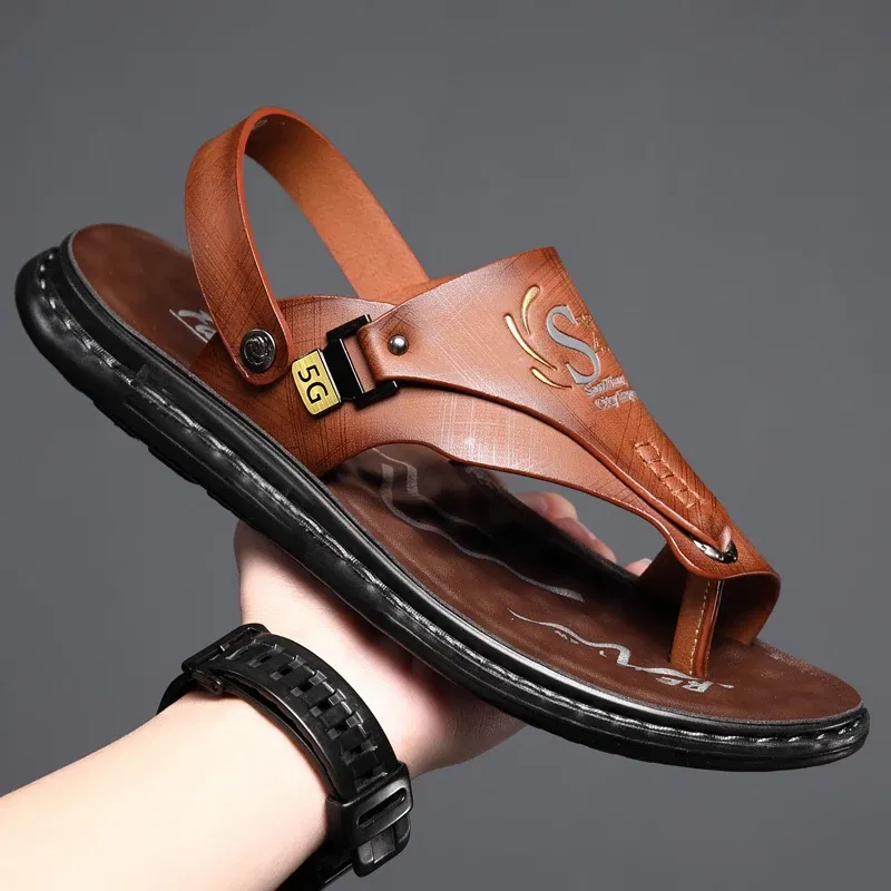 Color: Chocolate, Shoe Size: 44 - Summer Men Sandals Casual  Genuine Leather Leisure Sandals Designer Shoes Men
