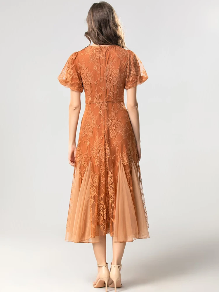 Seasixiang Sequins Embroidery Lace Dress For Women O-Neck Puff Sleeves Mesh Patchwork Vintage Dresses Fashion Spring Female