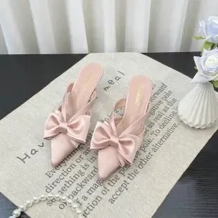 Color: Pink, Shoe Size: 35 - Fairy Style Pink Cool Slippers for Women's Summer 2024 French Pointed Bow Hollow High Heels, Half Wrapped Women's Slippers