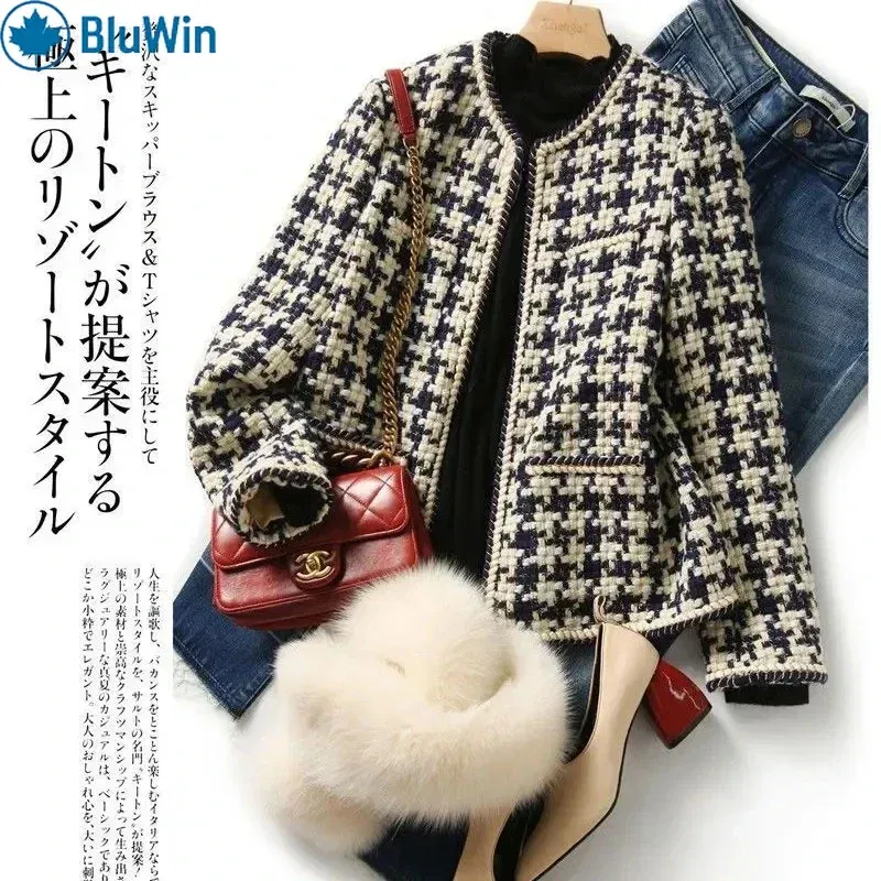 Color: black, Size: XXL - URBANCHIC Classic Checkered Tweed Jacket ?“ Elegant Contrast Trim for a Timeless, Chic Look
