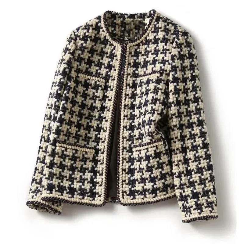 Color: black, Size: XXL - URBANCHIC Classic Checkered Tweed Jacket ?“ Elegant Contrast Trim for a Timeless, Chic Look