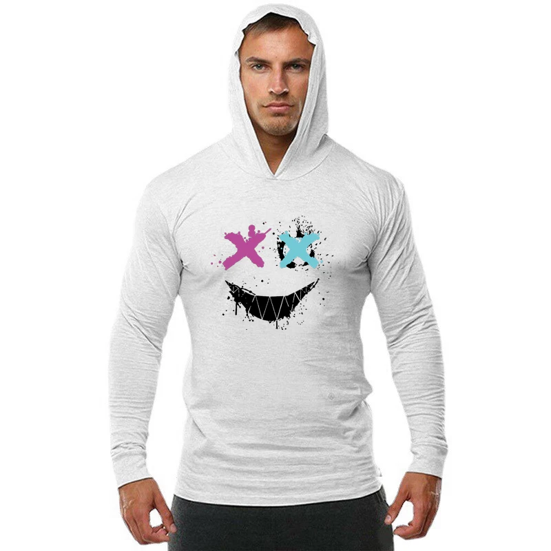 Color: Black, Size: XXL - Trendy Personality Funny XX Smile Face Hoodie Mens Slim Fit Running Long Sleeve Cotton Shirt Gym Training Fitness Hooded T-Shirt
