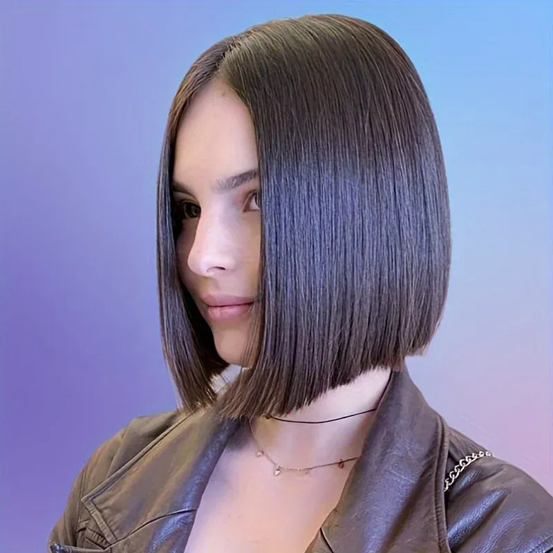 Color: Natural Black, Stretched Length: 12inches - Ombre Bob Wig - Middle Part Synthetic Hair for Daily Cosplay, Parties, and Halloween Costumes