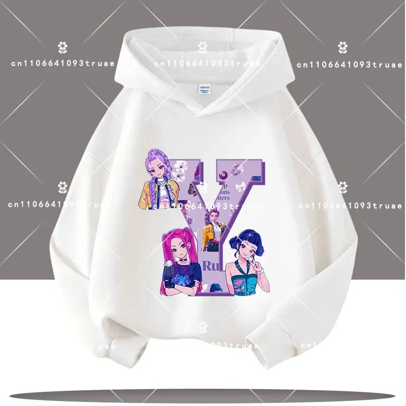 Color: Yellow, Kid Size: 9 - K-pop Demon Hunters Letter A-Z 3-12 Year Old Children Hooded Sweatshirt Girls' Casual Shirt Boys' Sports Shirt Cartoon Print
