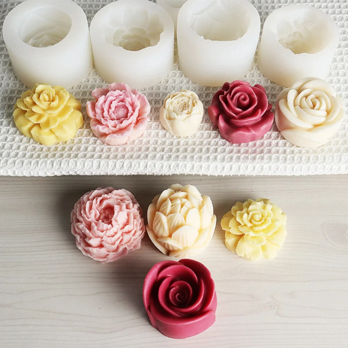Color: light yellow - Lotus Flower Silicone Candle Mold Sunflower Peony Multi Style Soap Resin Crystal Mould Heart Rose Chocolate Ice Making Set Gifts