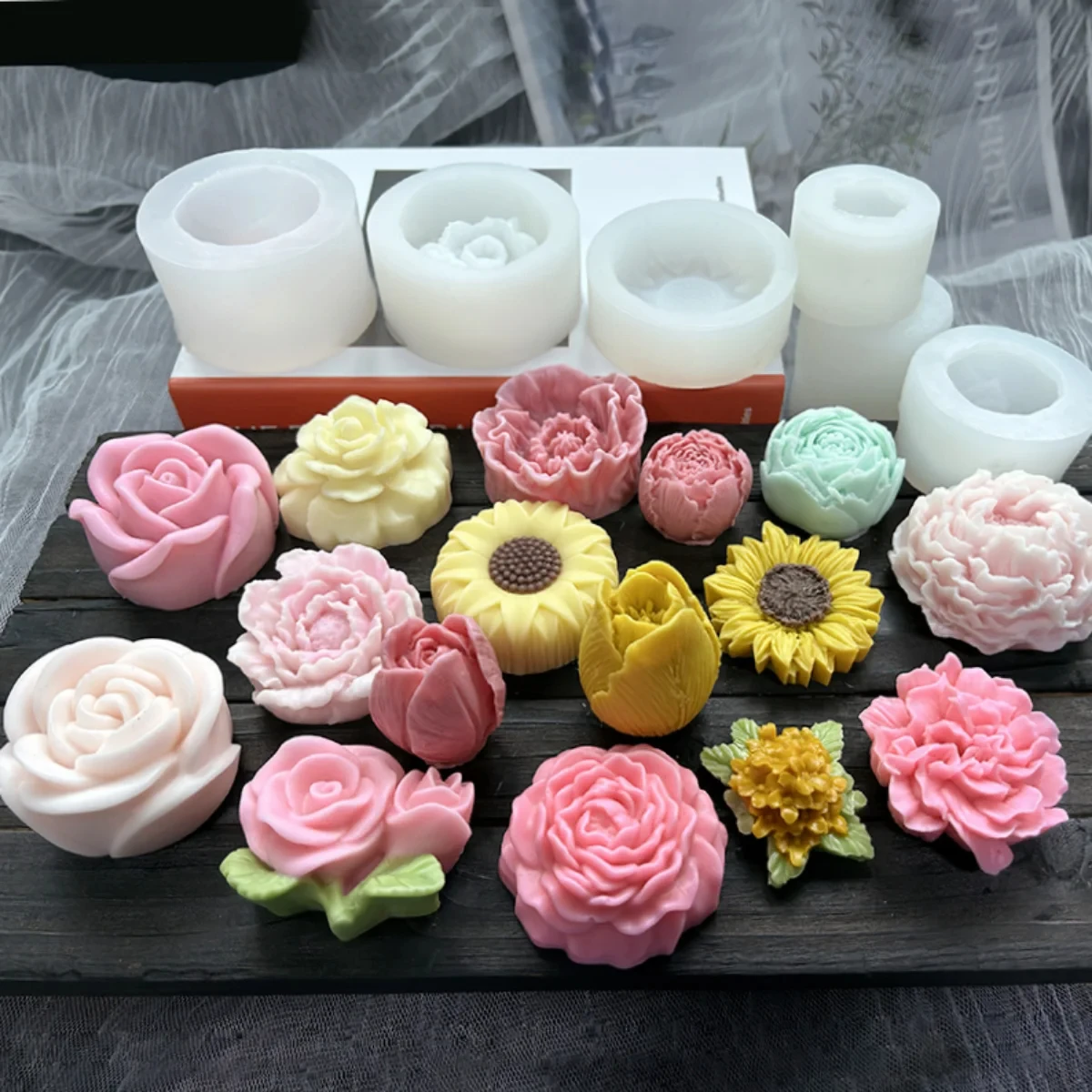 Color: light yellow - Lotus Flower Silicone Candle Mold Sunflower Peony Multi Style Soap Resin Crystal Mould Heart Rose Chocolate Ice Making Set Gifts