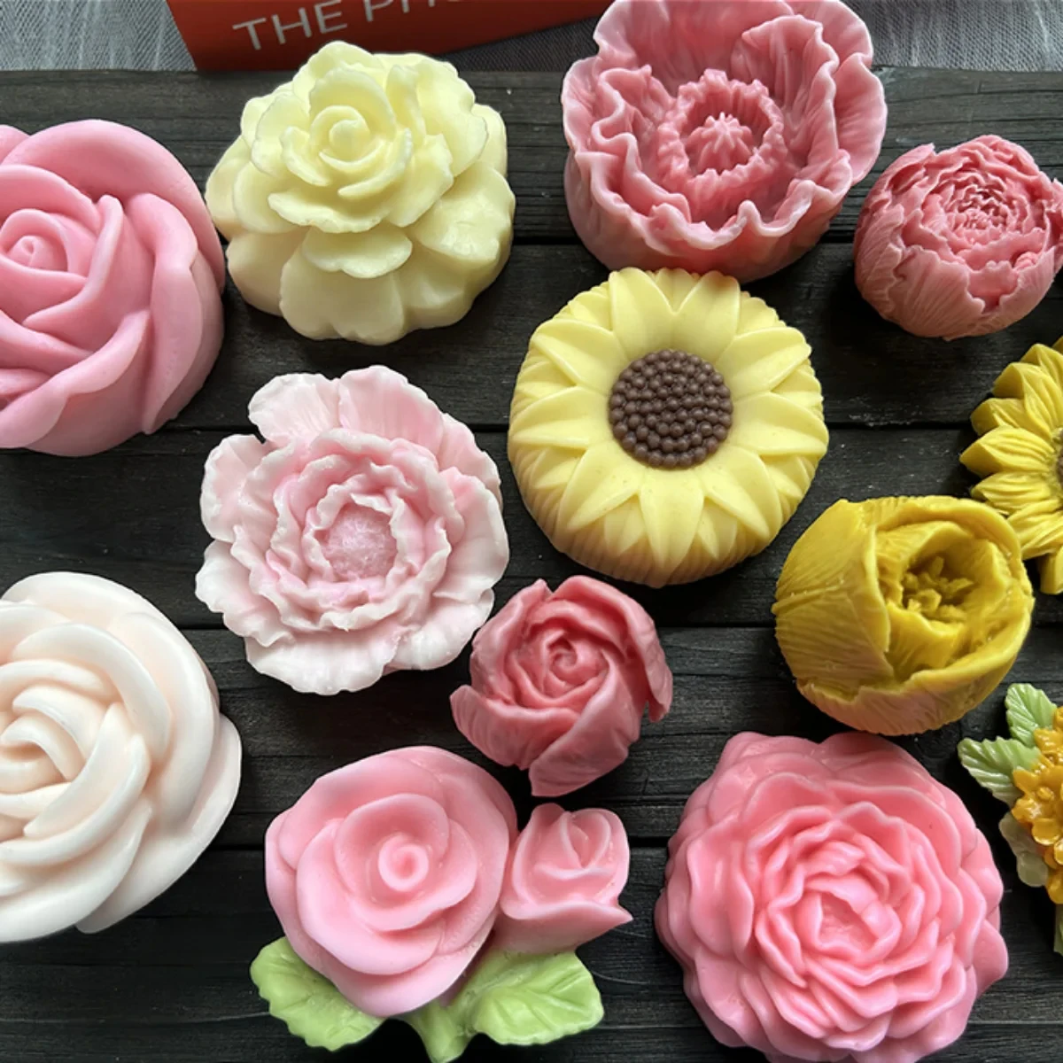 Color: light yellow - Lotus Flower Silicone Candle Mold Sunflower Peony Multi Style Soap Resin Crystal Mould Heart Rose Chocolate Ice Making Set Gifts