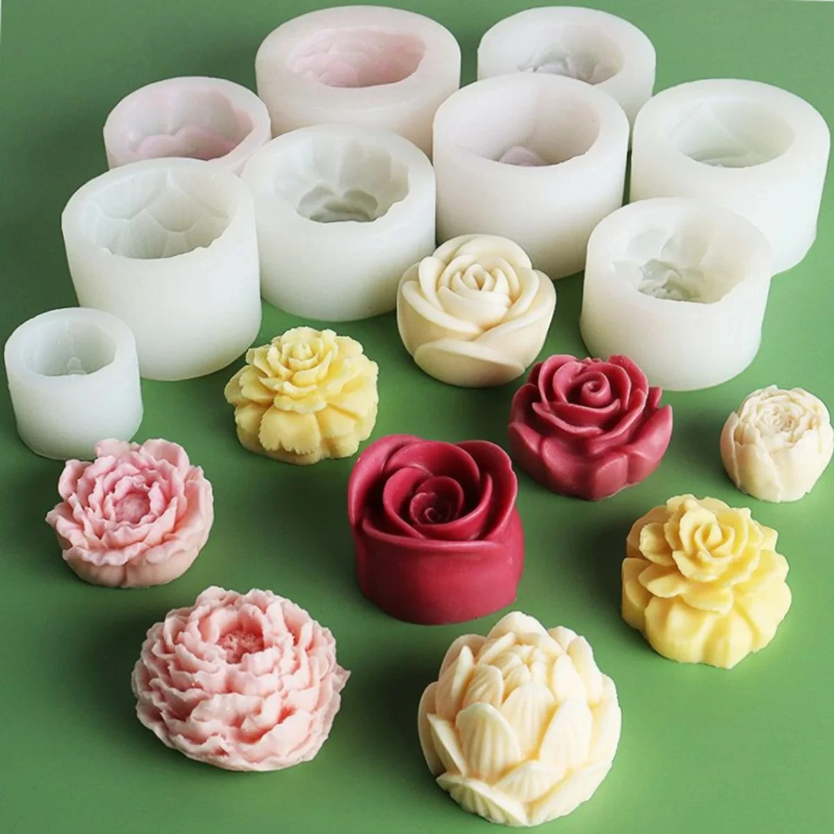 Color: light yellow - Lotus Flower Silicone Candle Mold Sunflower Peony Multi Style Soap Resin Crystal Mould Heart Rose Chocolate Ice Making Set Gifts
