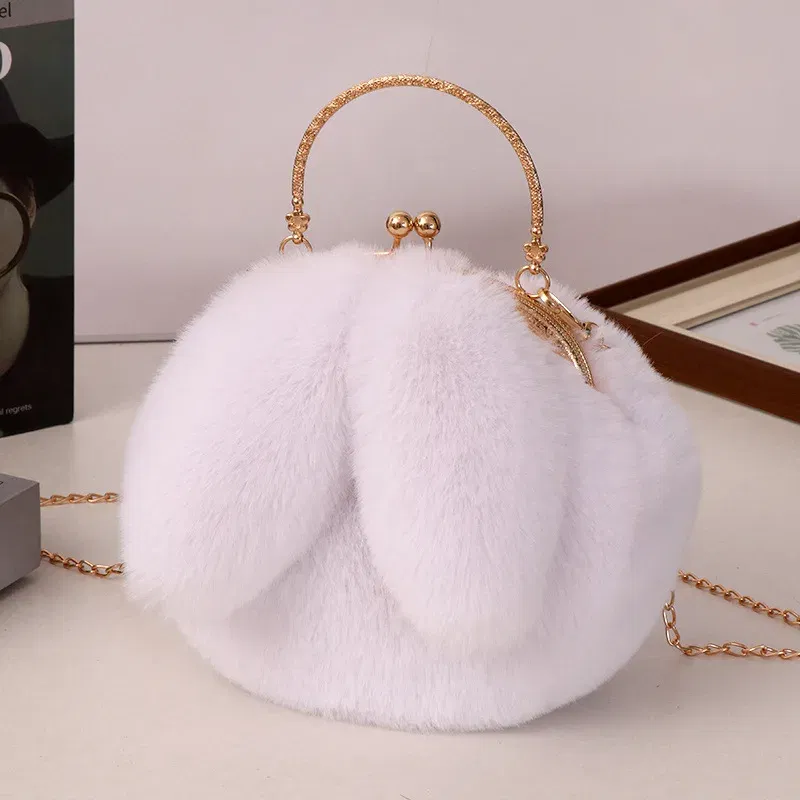 Color: WHITE - Adorable Rabbit Ears Fluffy Crossbody Bag Women Stylish Chain Shoulder Handbag New