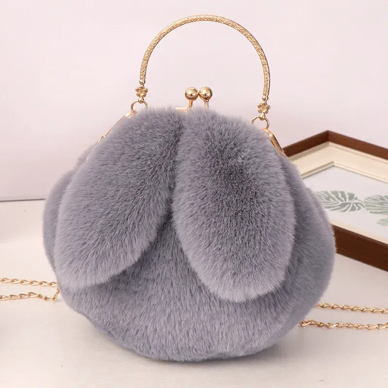 Color: WHITE - Adorable Rabbit Ears Fluffy Crossbody Bag Women Stylish Chain Shoulder Handbag New
