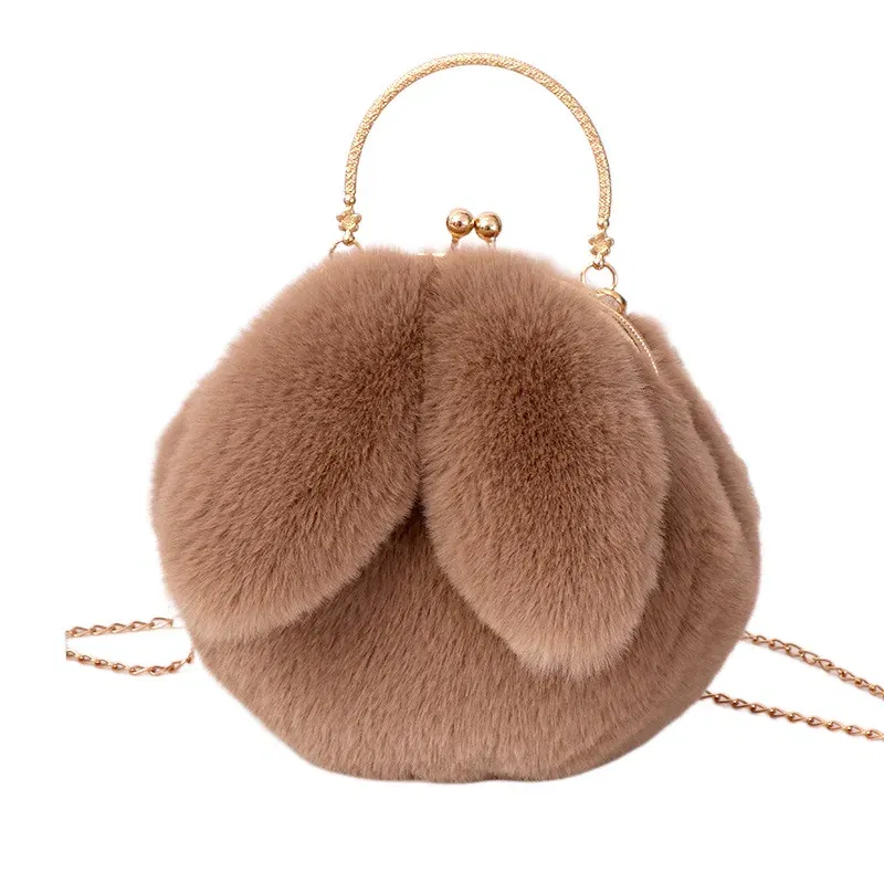 Color: WHITE - Adorable Rabbit Ears Fluffy Crossbody Bag Women Stylish Chain Shoulder Handbag New