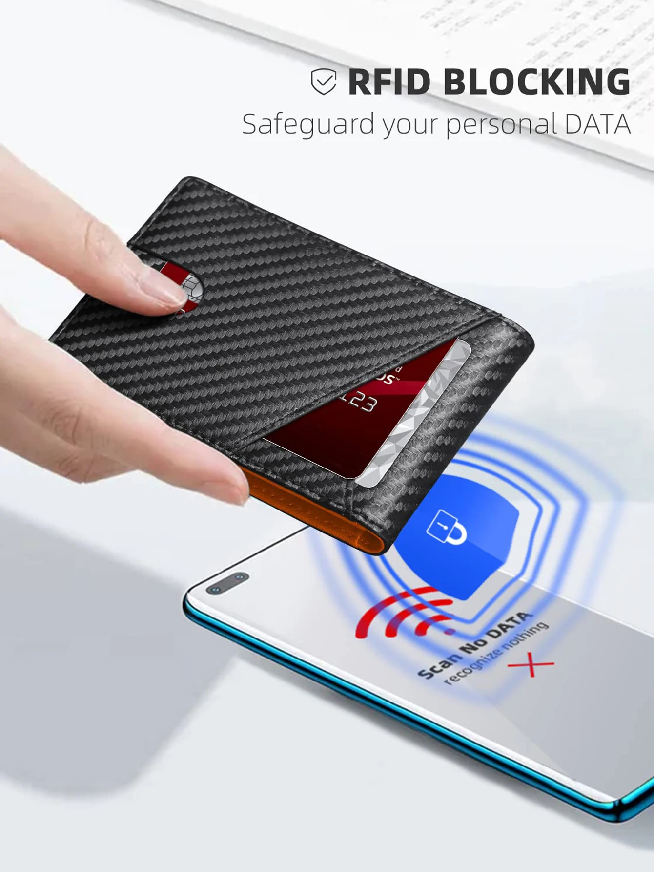 Color: Orange - RFID Carbon Fiber Ultra-thin Trifold Wallet Simple Front Pocket Design Wallet Multi-function Portable 8 Card Slots Men's Wallet