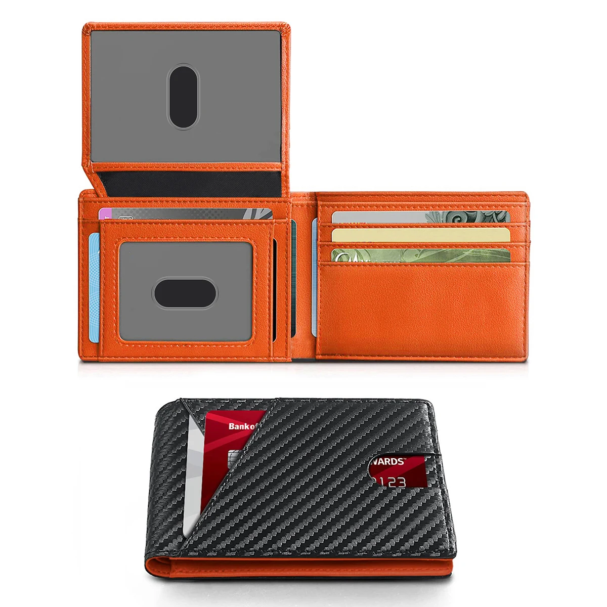 Color: Orange - RFID Carbon Fiber Ultra-thin Trifold Wallet Simple Front Pocket Design Wallet Multi-function Portable 8 Card Slots Men's Wallet