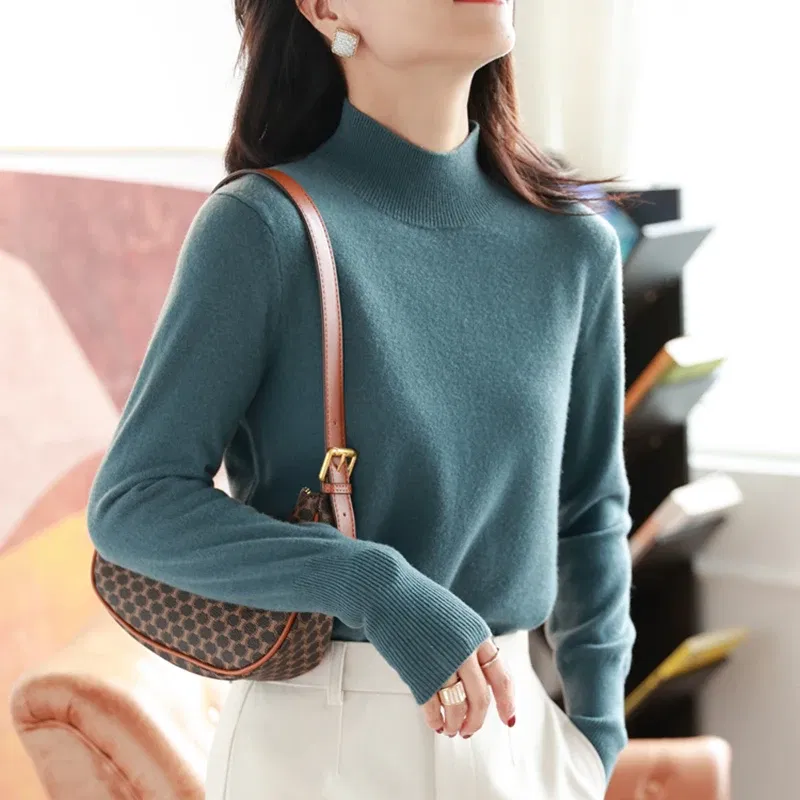 Color: green, Size: One Size - Autumn Winter chic Bottom Sweaters Women Fashion Turtleneck Pullover Slim Long Sleeve Knitted Jumpers Soft Warm Pull Femme Top