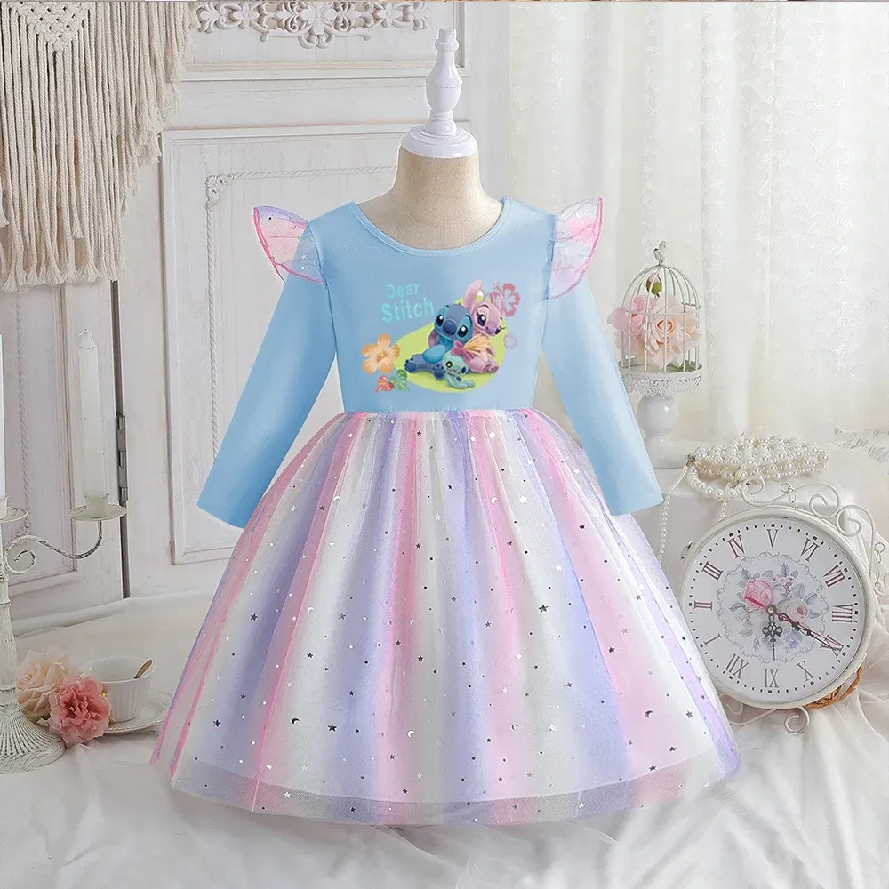Color: PURPLE, Kid Size: 7 - Stitch Princess Dress Autumn New Disney Baby Girls Dress Spring Autumn Long-sleeved For Children Kids Clothes Birthday Party