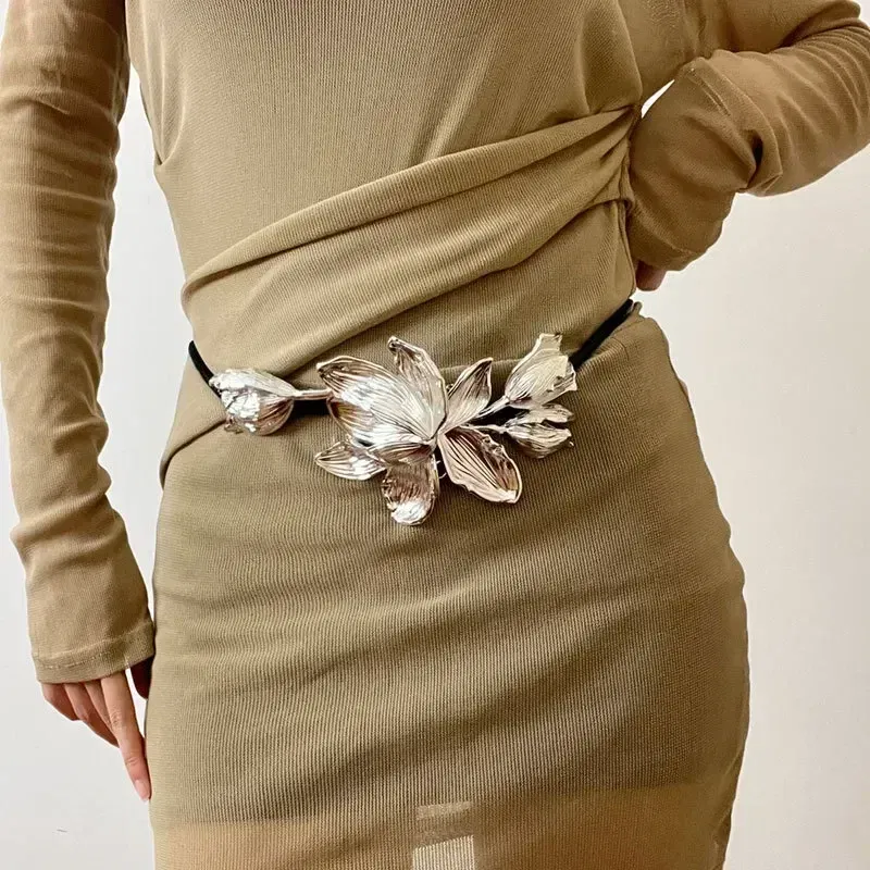 Color: Silver - Women Luxury Fashion Design Metal Tulip Flower Waistband Chain Skirt Pants Dress Jeans Coat Shirt Clothes Decoration Black Belt