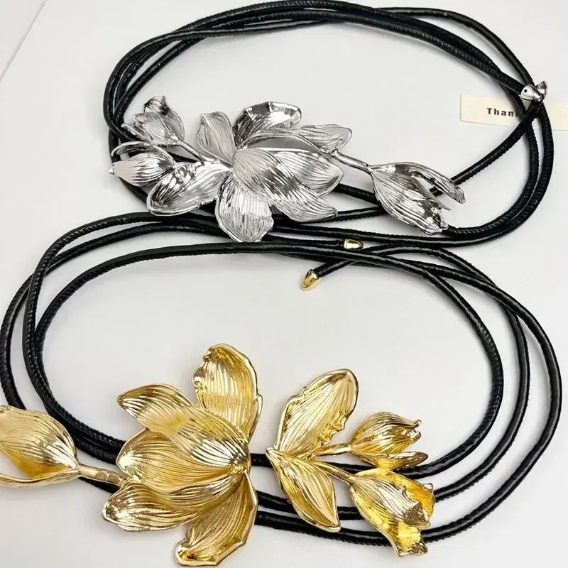 Color: Silver - Women Luxury Fashion Design Metal Tulip Flower Waistband Chain Skirt Pants Dress Jeans Coat Shirt Clothes Decoration Black Belt