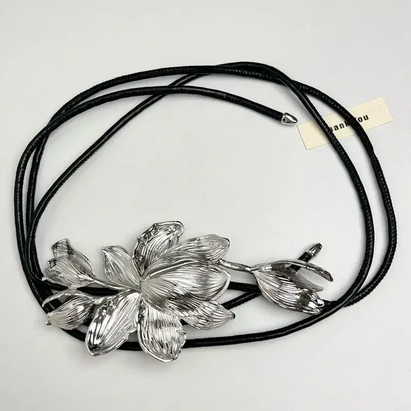 Color: Silver - Women Luxury Fashion Design Metal Tulip Flower Waistband Chain Skirt Pants Dress Jeans Coat Shirt Clothes Decoration Black Belt